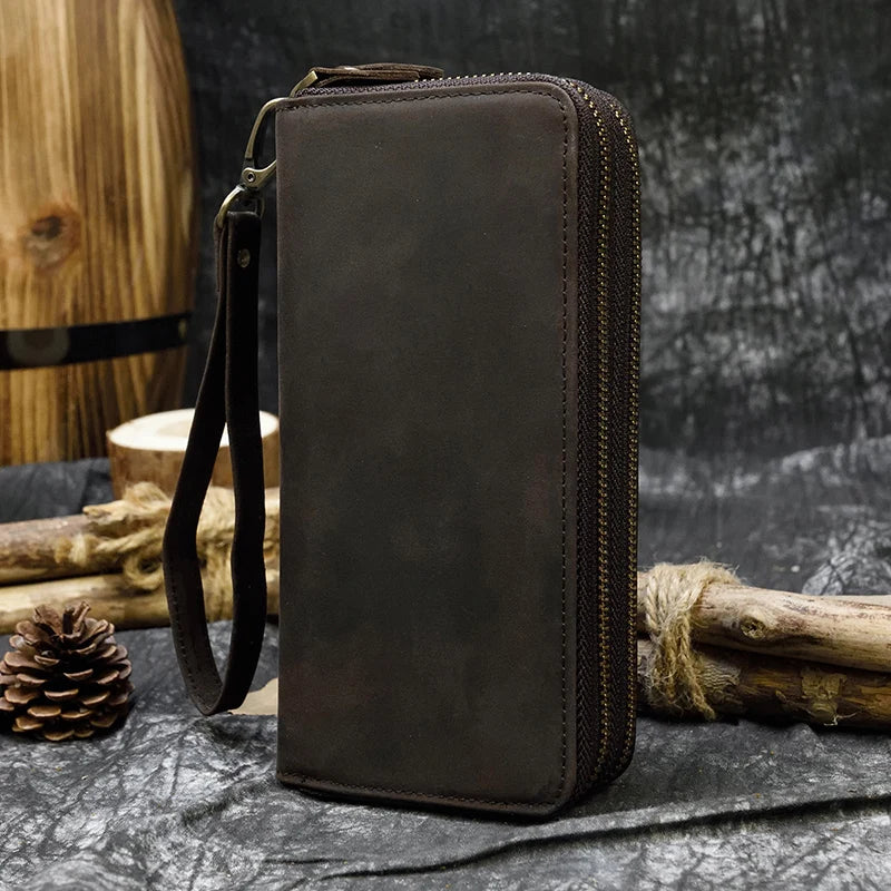 Men's crazy horse Leather long wallet Zip around genuine leather wallet Phone case purse with coin pocket 4 interlayer pocket