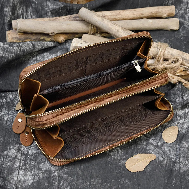 Men's crazy horse Leather long wallet Zip around genuine leather wallet Phone case purse with coin pocket 4 interlayer pocket