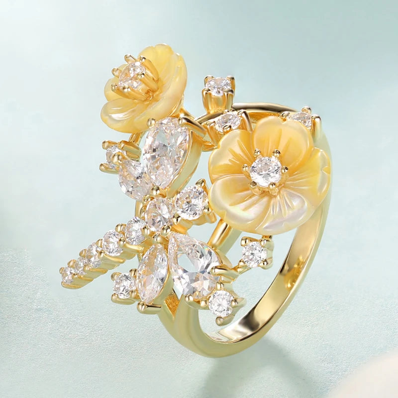 Laya 925 Sterling Silver Summer Hot Style High Quality Zircon Natural Shell Flower Dragonfly Ring For Women Luxury Jewelry