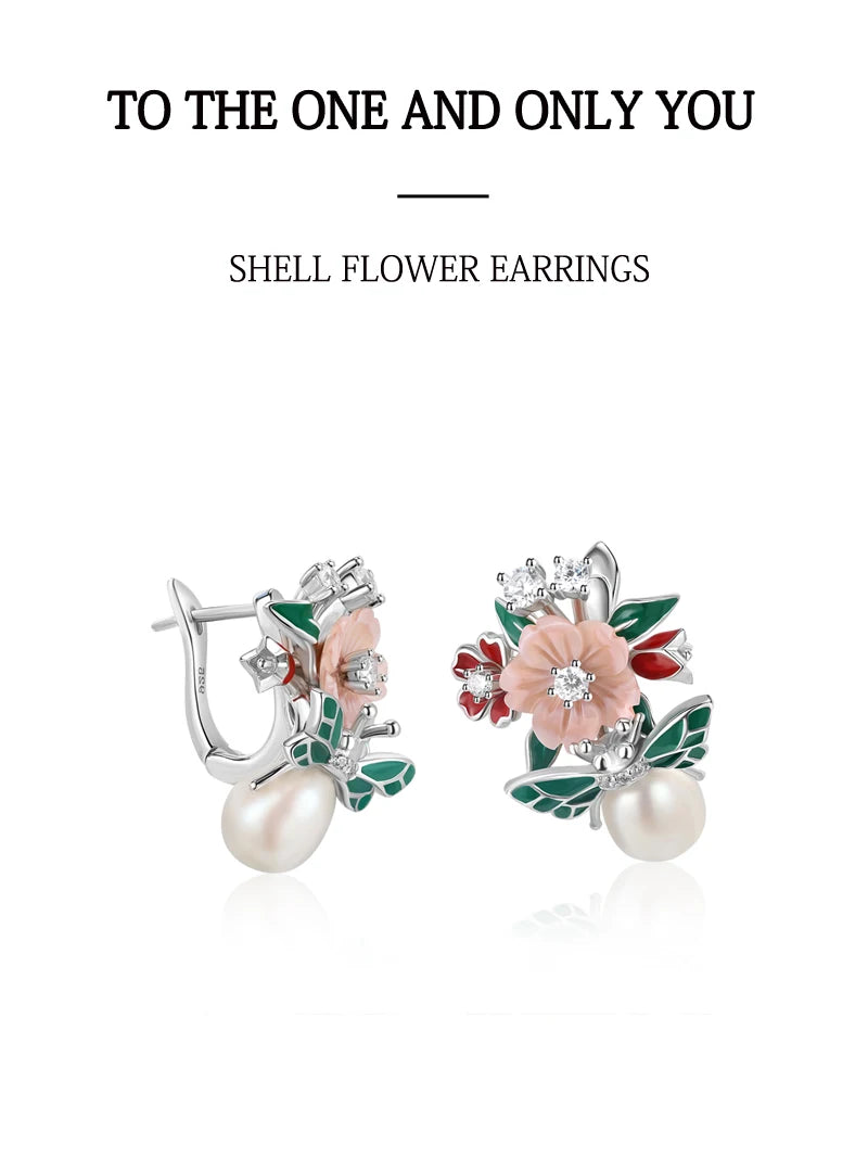 Laya 925 Sterling Silver High Quality Zircon Natural Pearl Shell Flower Leaf Enamel Drop Earrings For Women Trendy Jewelry