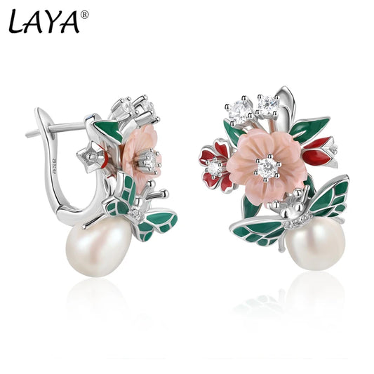 Laya 925 Sterling Silver High Quality Zircon Natural Pearl Shell Flower Leaf Enamel Drop Earrings For Women Trendy Jewelry