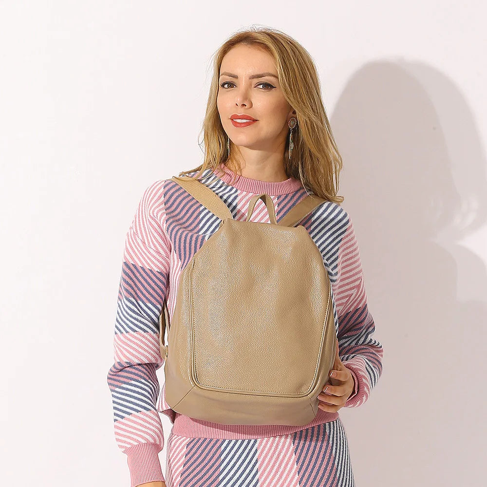Zency Women Stylish Classic Backpack Khaki Genuine Leather Knapsack Satchel Purse Roomy with Pockets Fit A4 Ipad 9.7'' Rucksack