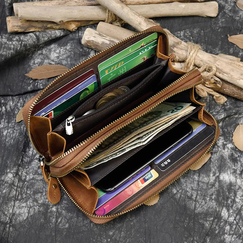Men's crazy horse Leather long wallet Zip around genuine leather wallet Phone case purse with coin pocket 4 interlayer pocket