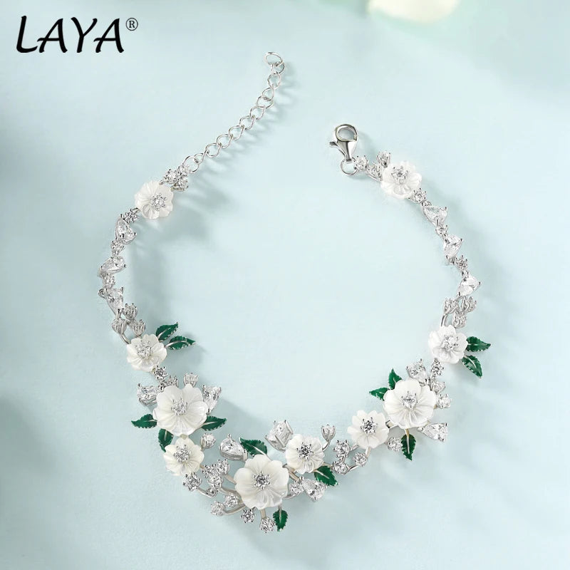 LAYA 925 Sterling Silver Fashion Natural Shell Flower Green Leaf Enamel High Quality Zircon Bracelet For Wedding Jewelry