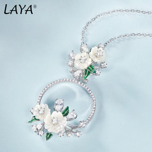 LAYA 925 Sterling Silver Fashion Natural Shell Flower Green Leaf Enamel High Quality Zircon Necklace For Women Wedding Jewelry