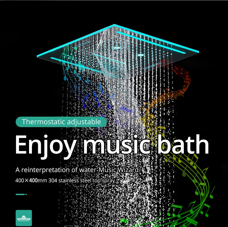 Stainles Steel 304 16inch 40cm Square Bluetooth Music LED Shower Head Panel Set Spray Rainfall Steam Thermostatic Mixer Faucet
