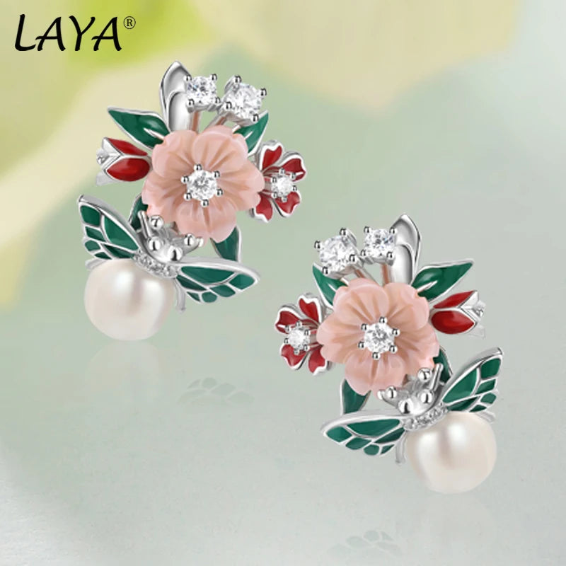 Laya 925 Sterling Silver High Quality Zircon Natural Pearl Shell Flower Leaf Enamel Drop Earrings For Women Trendy Jewelry