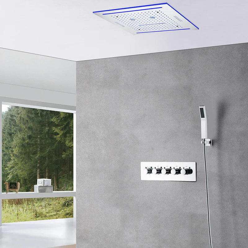 Stainles Steel 304 16inch 40cm Square Bluetooth Music LED Shower Head Panel Set Spray Rainfall Steam Thermostatic Mixer Faucet