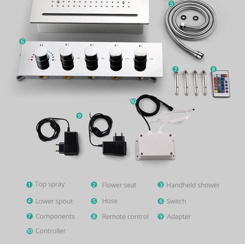 Stainles Steel 304 16inch 40cm Square Bluetooth Music LED Shower Head Panel Set Spray Rainfall Steam Thermostatic Mixer Faucet