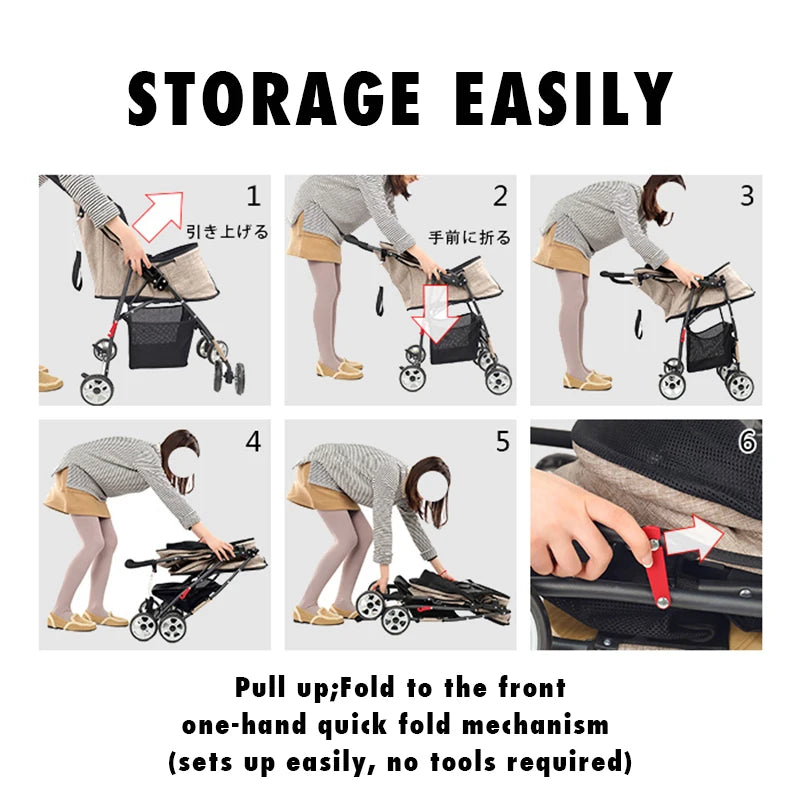Foldable Pet Stroller 4-Wheel Dog Travel Stroller Pushchair Jogger with Storage Basket for Puppy Cat Pet Suplies Outdoor
