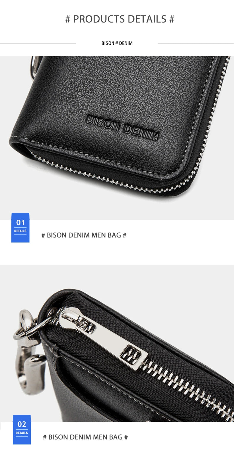 BISON DENIM Genuine Leather Key Wallet Male Card Keychain Cover Zipper Card Holder Wallet Key Organizer Large Capacity N9462