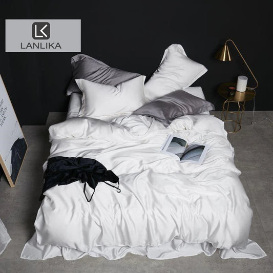 Lanlika White 100% Silk Bedding Set Double Queen King Duvet Cover Fitted Sheet Or Flat Sheet Bed Linen Pillowcase 4PCS