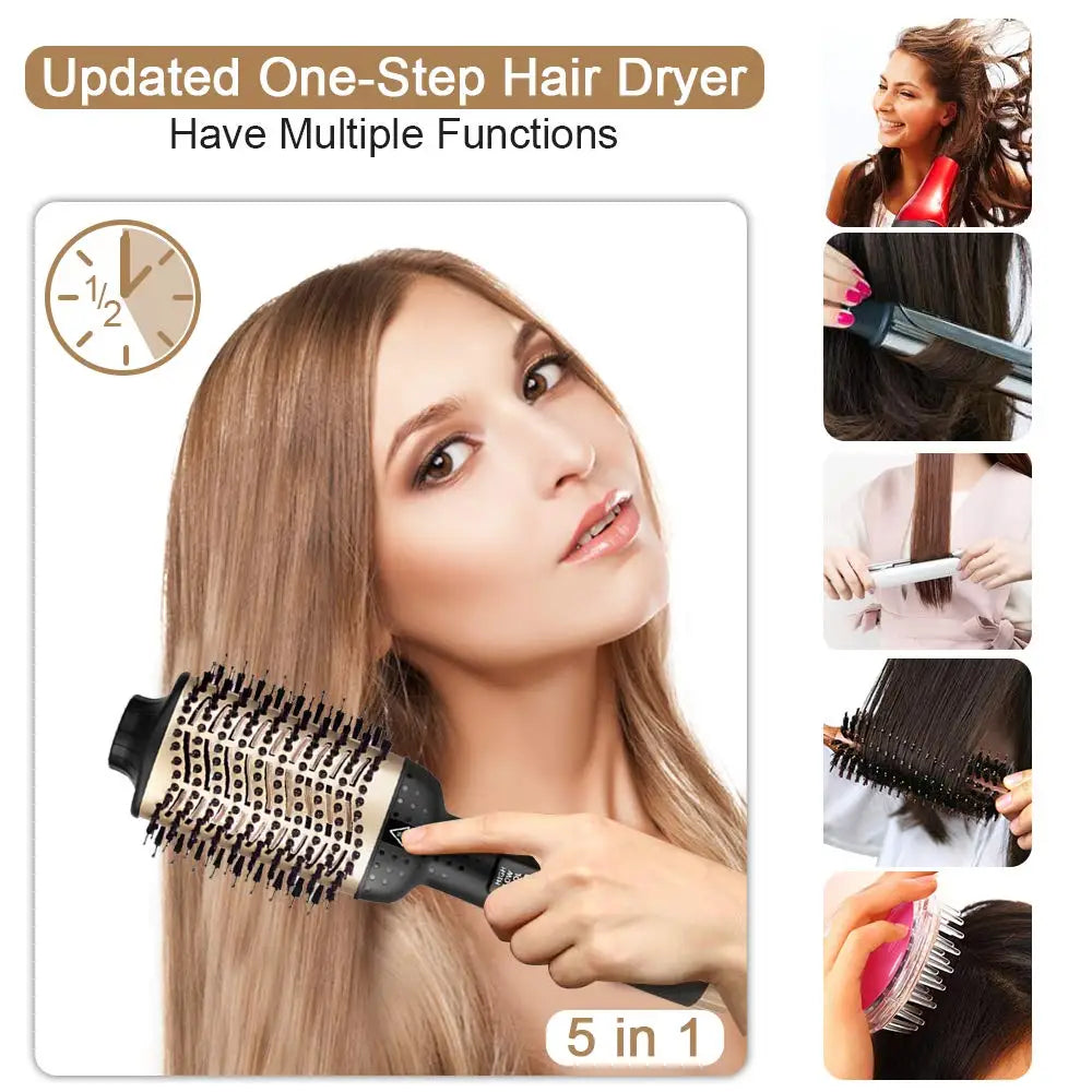 Gold One Step Hair Dryer & Volumizer Magic Brush Straightening Curling Hot Air Rotary Blower Tangle Detangling Comb for Hair