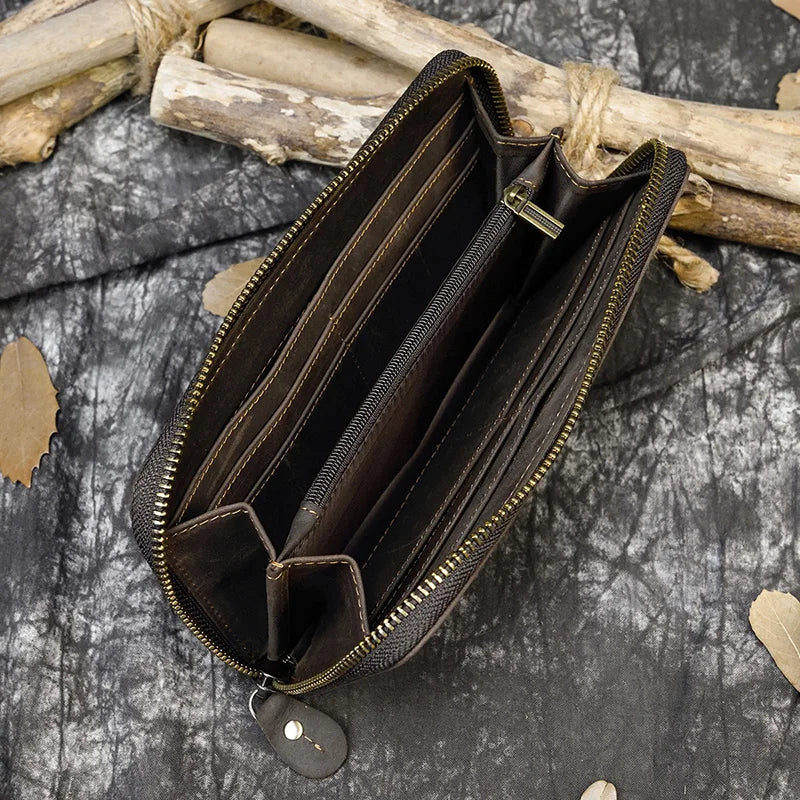 Men's crazy horse Leather long wallet Zip around genuine leather wallet Phone case purse with coin pocket 4 interlayer pocket