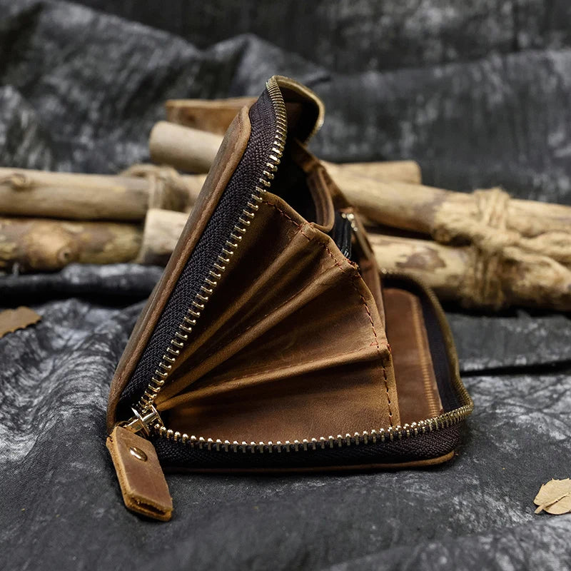 Men's crazy horse Leather long wallet Zip around genuine leather wallet Phone case purse with coin pocket 4 interlayer pocket