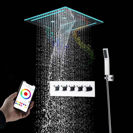Stainles Steel 304 16inch 40cm Square Bluetooth Music LED Shower Head Panel Set Spray Rainfall Steam Thermostatic Mixer Faucet