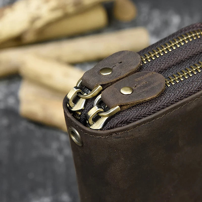 Men's crazy horse Leather long wallet Zip around genuine leather wallet Phone case purse with coin pocket 4 interlayer pocket