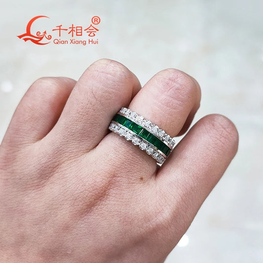 925 silver green color 3mm rectangle shape lab Emerald stone ring melee moissanite Eternity Band jewelry Engagement Party