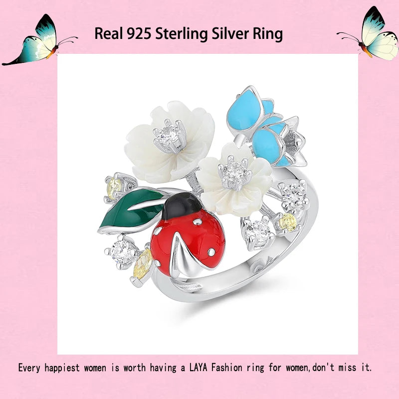 Laya 925 Sterling Silver Fashion Natural Shell Flower Green Leaf Enamel Animal High Quality Zircon Ring For Women Jewelry