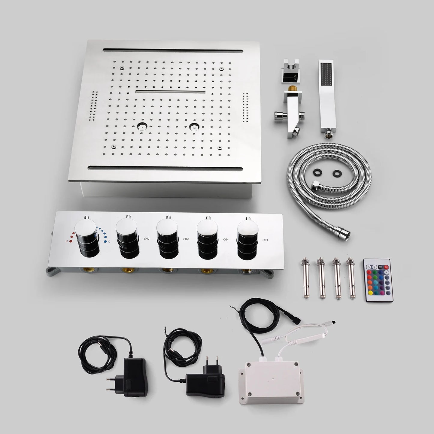 Stainles Steel 304 16inch 40cm Square Bluetooth Music LED Shower Head Panel Set Spray Rainfall Steam Thermostatic Mixer Faucet