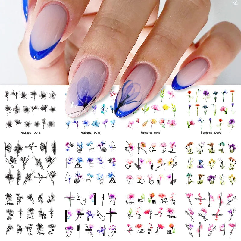 12 Designs Nail Stickers Set Mixed Floral Geometric Nail Art Water Transfer Decals Sliders Flower Leaves Manicures Decoration