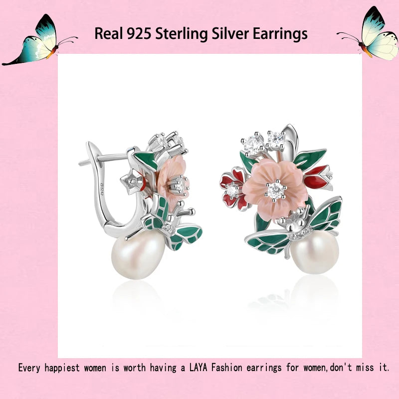 Laya 925 Sterling Silver High Quality Zircon Natural Pearl Shell Flower Leaf Enamel Drop Earrings For Women Trendy Jewelry