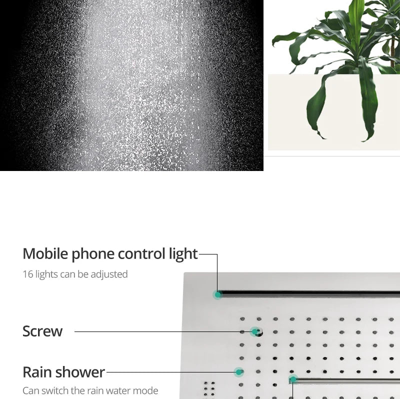 Stainles Steel 304 16inch 40cm Square Bluetooth Music LED Shower Head Panel Set Spray Rainfall Steam Thermostatic Mixer Faucet