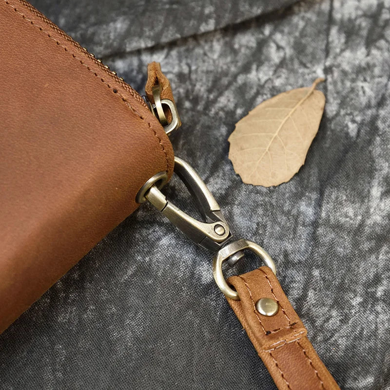 Men's crazy horse Leather long wallet Zip around genuine leather wallet Phone case purse with coin pocket 4 interlayer pocket