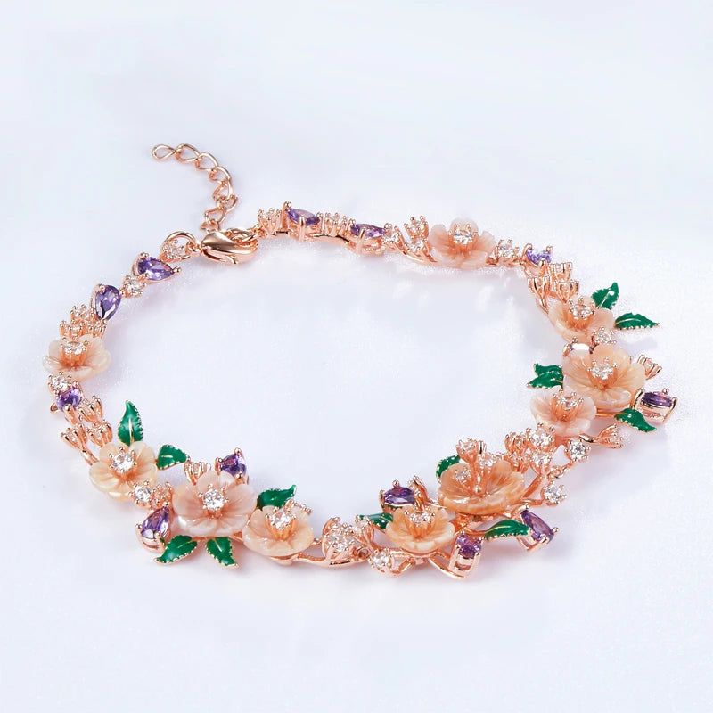 LAYA 925 Sterling Silver Fashion Natural Shell Flower Green Leaf Enamel High Quality Zircon Bracelet For Wedding Jewelry