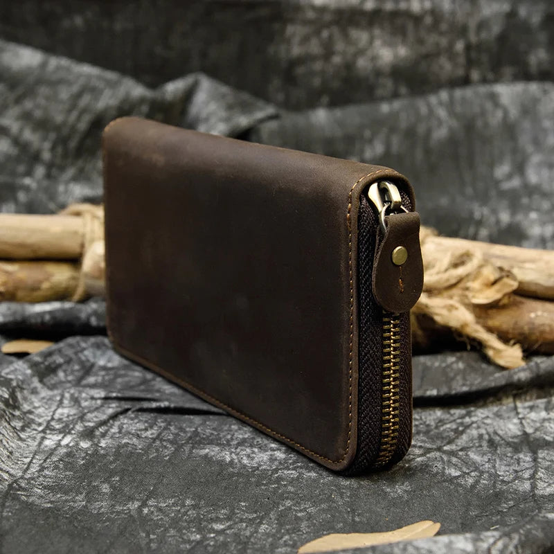 Men's crazy horse Leather long wallet Zip around genuine leather wallet Phone case purse with coin pocket 4 interlayer pocket