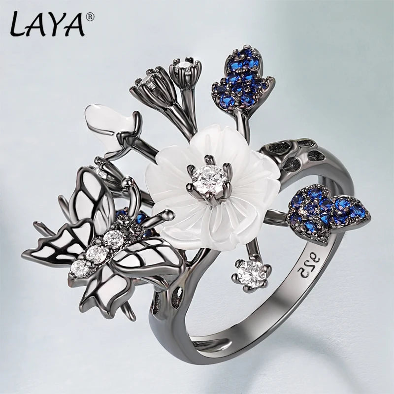 Laya Ring For Women High Quality Zircon Natural Shell Flower Butterfly Enamel 925 Sterling Silver Anillos Fashion Jewelry