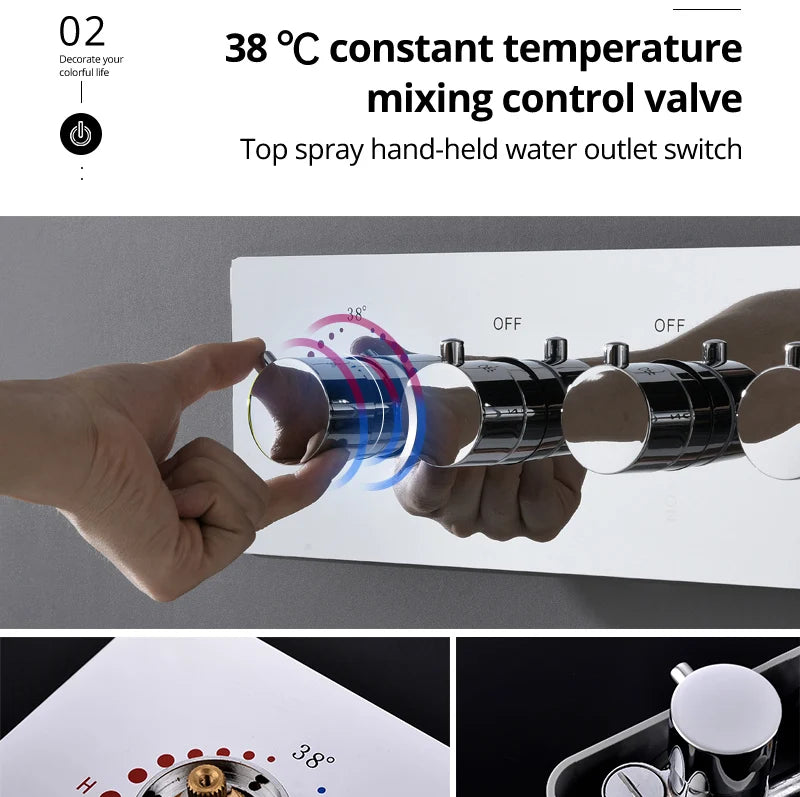 Stainles Steel 304 16inch 40cm Square Bluetooth Music LED Shower Head Panel Set Spray Rainfall Steam Thermostatic Mixer Faucet