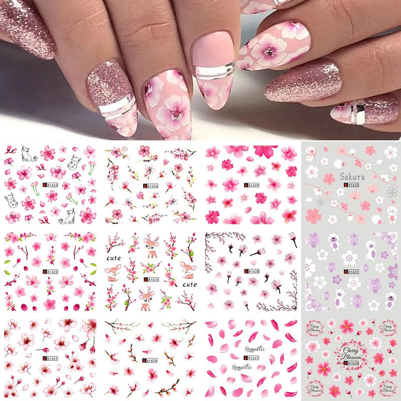 12 Designs Nail Stickers Set Mixed Floral Geometric Nail Art Water Transfer Decals Sliders Flower Leaves Manicures Decoration