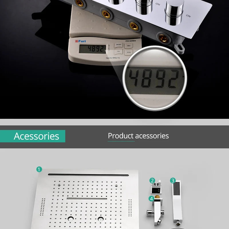 Stainles Steel 304 16inch 40cm Square Bluetooth Music LED Shower Head Panel Set Spray Rainfall Steam Thermostatic Mixer Faucet