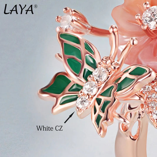 Laya Ring For Women High Quality Zircon Natural Shell Flower Butterfly Enamel 925 Sterling Silver Anillos Fashion Jewelry