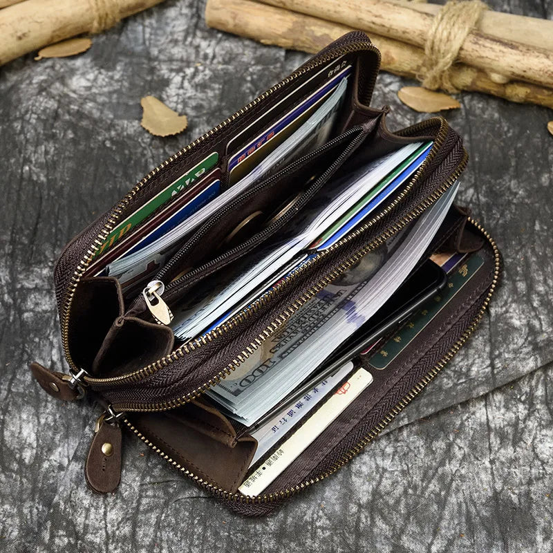 Men's crazy horse Leather long wallet Zip around genuine leather wallet Phone case purse with coin pocket 4 interlayer pocket