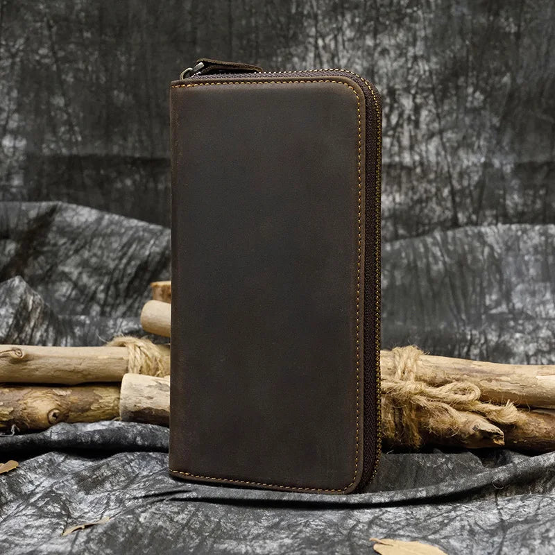 Men's crazy horse Leather long wallet Zip around genuine leather wallet Phone case purse with coin pocket 4 interlayer pocket