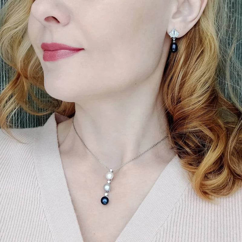 Wedding 925 Silver Natural Freshwater Pearl Necklace Earrings Set,Multi Color Pearl Jewelry Set Wife Mother Birthday Gift Black