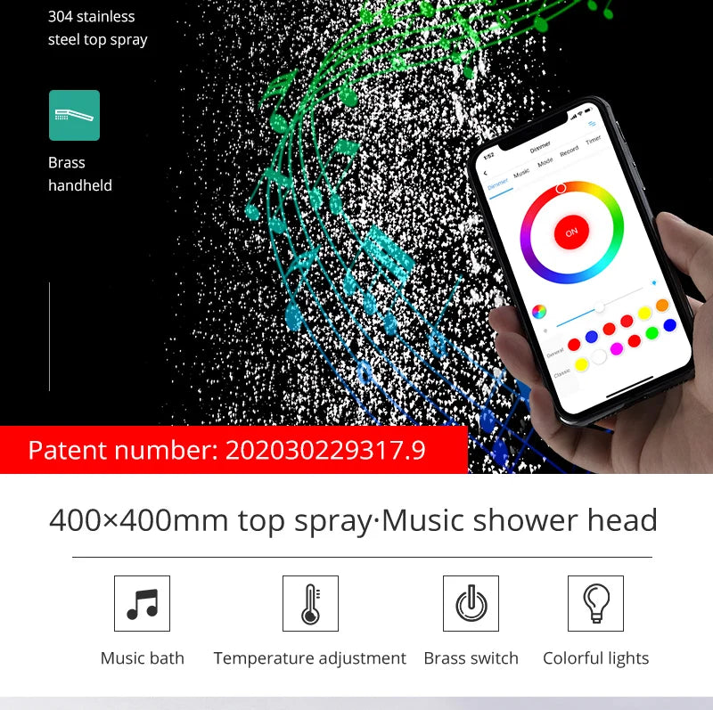 Stainles Steel 304 16inch 40cm Square Bluetooth Music LED Shower Head Panel Set Spray Rainfall Steam Thermostatic Mixer Faucet