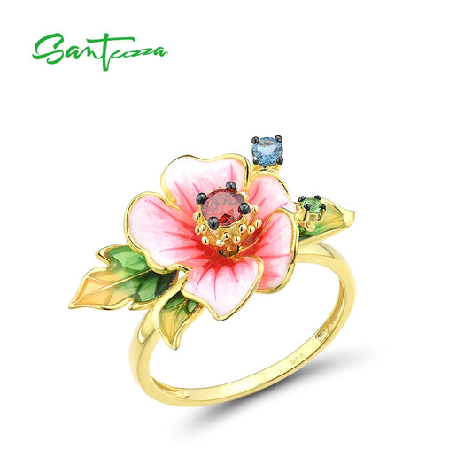SANTUZZA Pure 925 Sterling Silver Rings For Women Exquisite Blooming Flower Garnet CZ Ring Party Fine Jewelry Handmade Enamel