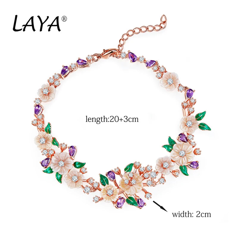 LAYA 925 Sterling Silver Fashion Natural Shell Flower Green Leaf Enamel High Quality Zircon Bracelet For Wedding Jewelry