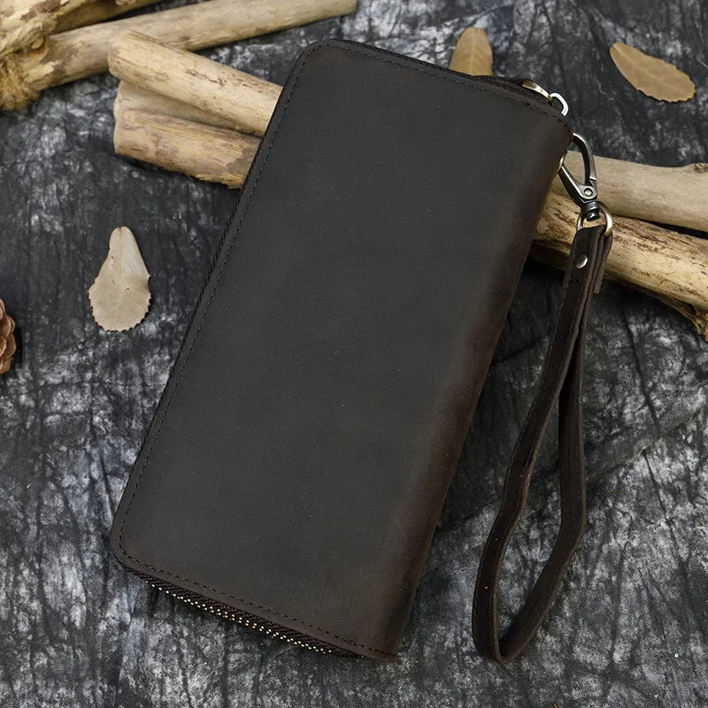 Men's crazy horse Leather long wallet Zip around genuine leather wallet Phone case purse with coin pocket 4 interlayer pocket