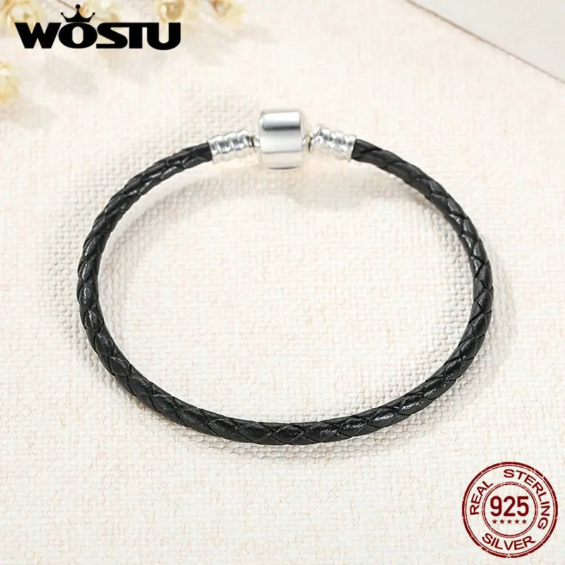 WOSTU New 100% 925 Sterling Silver & Real Black Leather Chain Charm Fit  Bracelet For Women Men Original Fine Jewelry XCHS911
