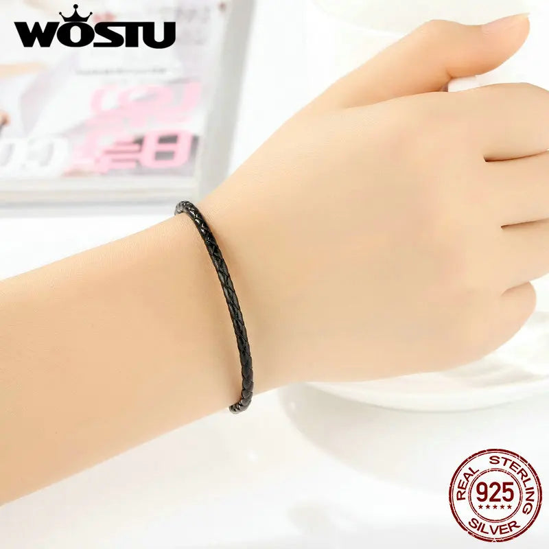 WOSTU New 100% 925 Sterling Silver & Real Black Leather Chain Charm Fit  Bracelet For Women Men Original Fine Jewelry XCHS911