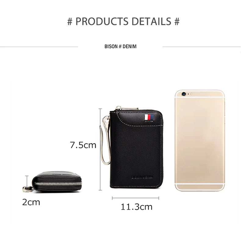 BISON DENIM Genuine Leather Key Wallet Male Card Keychain Cover Zipper Card Holder Wallet Key Organizer Large Capacity N9462