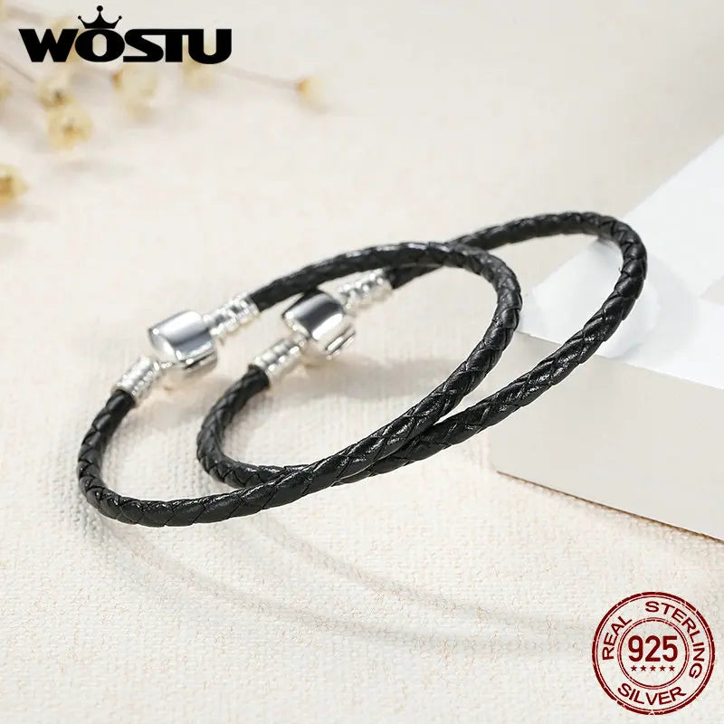WOSTU New 100% 925 Sterling Silver & Real Black Leather Chain Charm Fit  Bracelet For Women Men Original Fine Jewelry XCHS911
