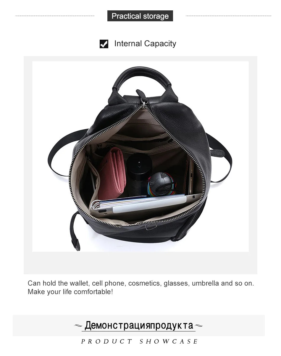 Zency Women's Genuine Leather Anti-theft Backpack Black Lady Knapsack High Quality Zipper Buckle Rusksack 2024 New Back Beige