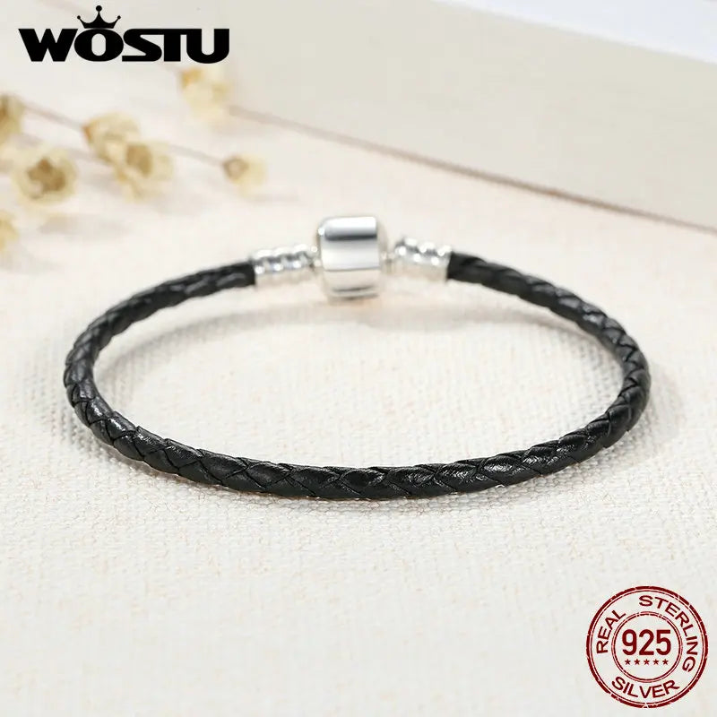 WOSTU New 100% 925 Sterling Silver & Real Black Leather Chain Charm Fit  Bracelet For Women Men Original Fine Jewelry XCHS911