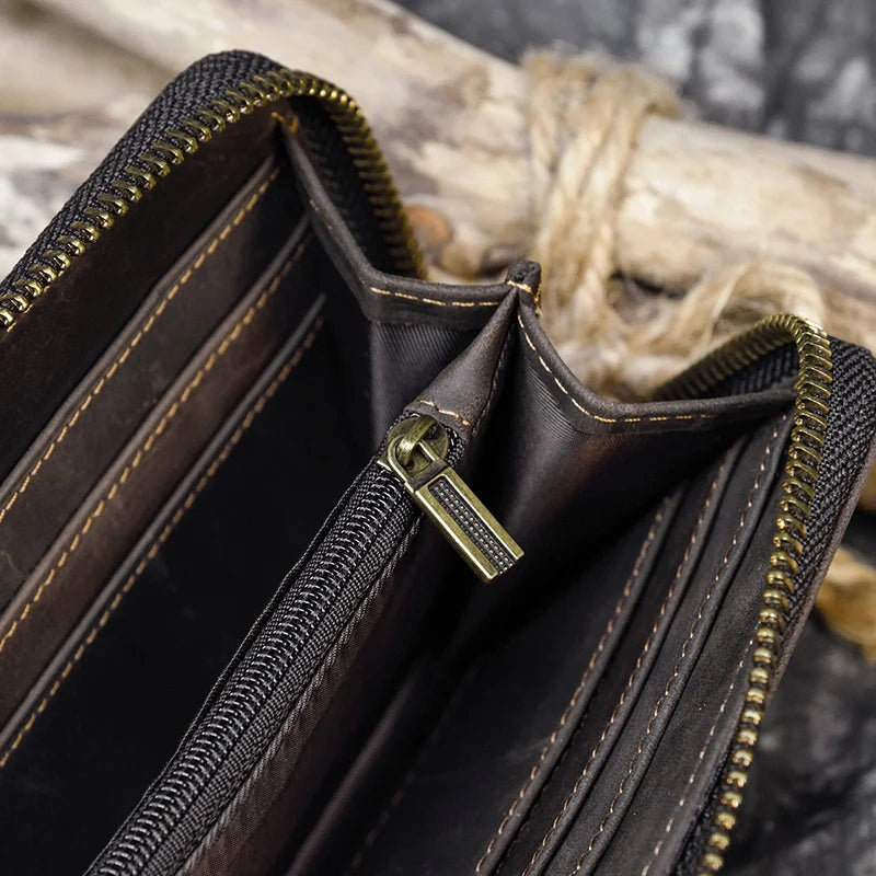 Men's crazy horse Leather long wallet Zip around genuine leather wallet Phone case purse with coin pocket 4 interlayer pocket