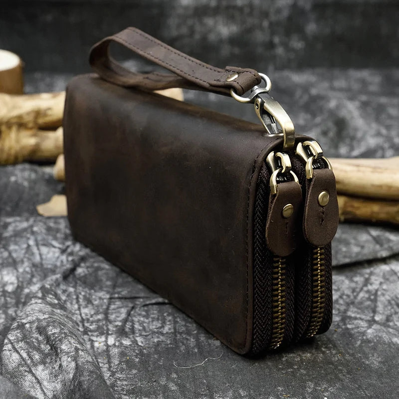 Men's crazy horse Leather long wallet Zip around genuine leather wallet Phone case purse with coin pocket 4 interlayer pocket